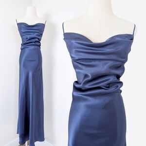 90s Navy Maxi Satin Slip Cowl Neckline Spaghetti Straps Floor Length Open Back
